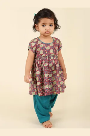 Fabindia Girls Floral Printed Pure Cotton Kurta with Salwar