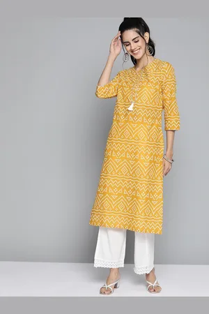 HERE&NOW Women Mustard Yellow & White Bandhani Printed Gotta Patti Kurta