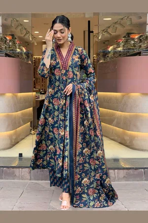 DIVASTRI Cia Floral Printed V-Neck Pleated Anarkali Kurta With Palazzos & Dupatta