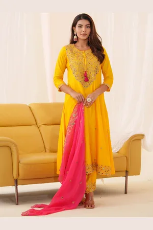 Sangria Floral Embroidered Thread Work A Line Kurta With Trousers & Dupatta