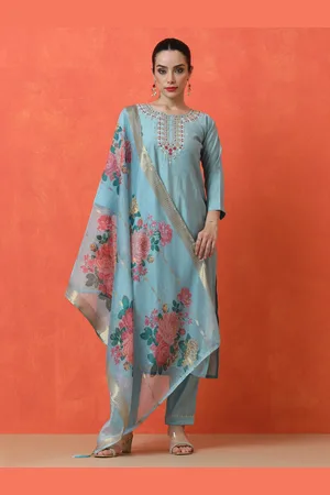 Jaipur Floral Embroidered Round Neck Chanderi Silk Kurta With Trousers And Dupatta
