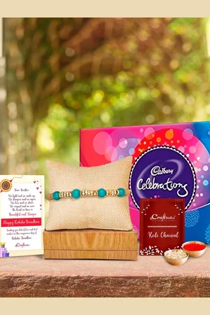 eCraftIndia Gold-Toned & Green Rakhi Gift Set