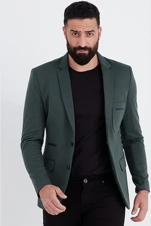 MR BUTTON Men Green Solid Slim-Fit Single-Breasted Blazer