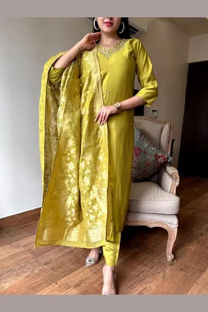 Ethnic Yard Floral Embroidered V-Neck Straight Kurta With Trouser And Dupatta
