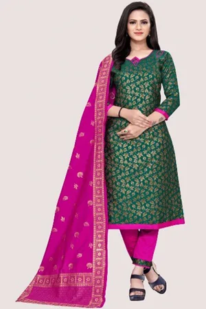 MORLY Green & Pink Dupion Silk Unstitched Dress Material