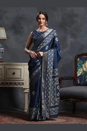 Saree mall Navy Blue & White Ethnic Printed Zari Sungudi Saree