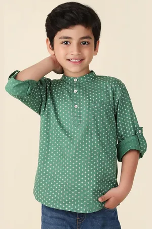 Fabindia Boys Geometric Band Collar Roll-Up Sleeves Kurta