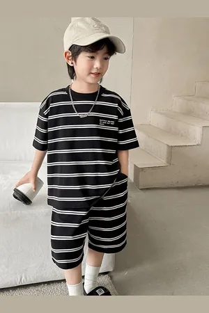 LULU & SKY Boys Striped Round Neck Cotton T-Shirt With Shorts