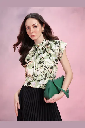 DressBerry Abstract Print Tie-Up Neck Flutter Sleeves Top with Ruffled Detail