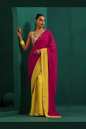 trueBrowns Colourblocked Silk Cotton Ready to Wear Saree