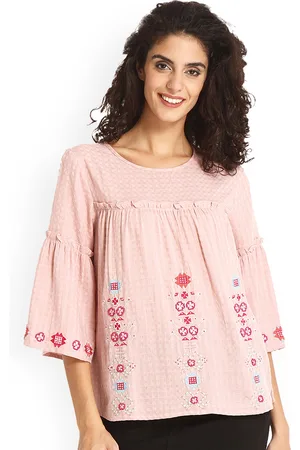 Gipsy Women Pink Self-Checked Empire Top with Embroidered Detail