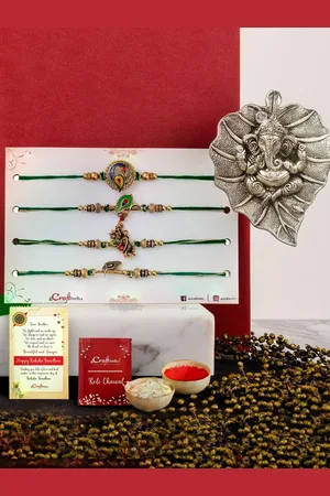 eCraftIndia Set of 5 Thread Rakhi & Metal Ganesha Leaf With Roli Chawal