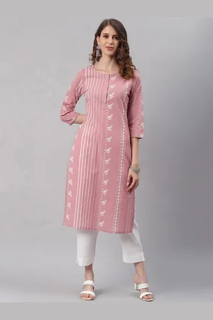 Janasya Women Pink Printed Cotton Straight Kurta