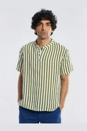 Terra Luna Men Striped Mandarin Collar Cotton T-shirt