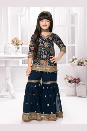 Tiny Kingdom Girls Floral Embroidered Zari V-Neck Straight Kurti With Sharara & Dupatta