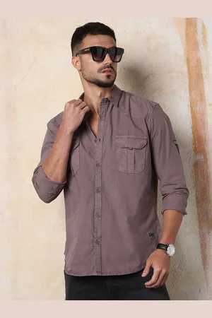 High Star Men Regular Fit Utility Heavy Washed Spread Collar Solid Cotton Casual Shirt