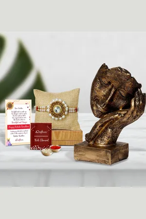 eCraftIndia White & Gold-Toned Handcrafted Rakhi Gift Set