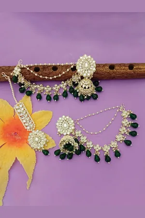 EVY Gold-Plated Contemporary Drop Earrings Kaan Chain Tikka Set