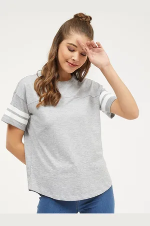 Harpa Women Grey Striped Round Neck T-shirt