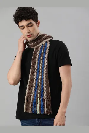 Magic Needles Unisex Brown & Blue Striped Knitted Scarf with Tassels