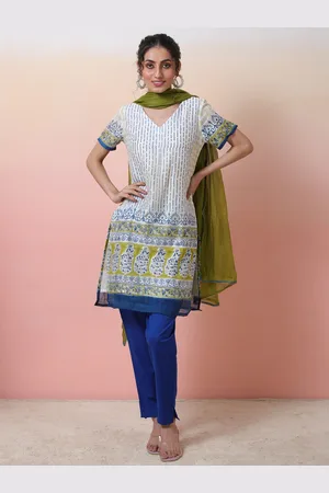 Sangria White Striped Printed V-Neck Chanderi Silk Straight Kurta & Trousers With Dupatta