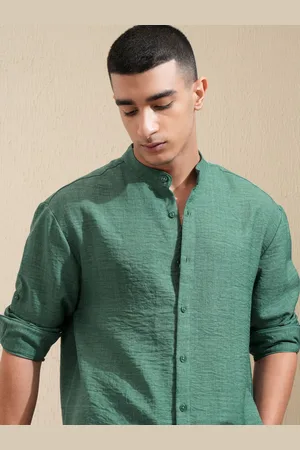 Highlander Men Mandarin Collar Solid Polyester Relaxed Fit Casual Shirt