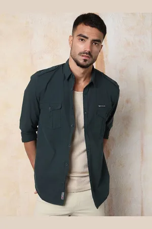 High Star Men Regular Fit Utility Heavy Washed Spread Collar Solid Cotton Casual Shirt