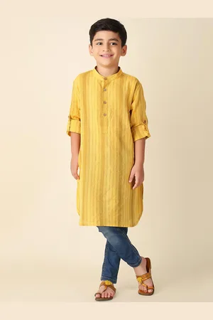 Fabindia Boys Striped Mandarin Collar Cotton Straight Kurta