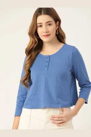 DressBerry Women Blue Melange Effect Cropped Henley Neck Boxy T-shirt