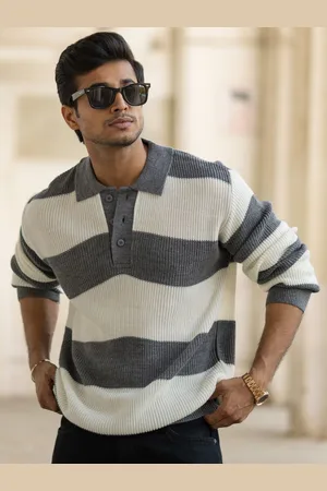 Powerlook Men Striped Polo Collar Full Sleeves Casual T-shirt