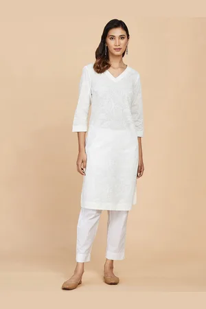 Fabindia Ethnic Motifs Printed V-Neck Cotton Straight Kurta