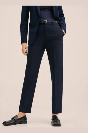 MANGO Women Navy Blue Solid Pleated Trousers