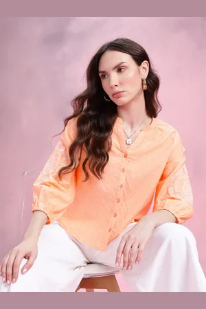 DressBerry Puff Sleeve Cotton Dobby Shirt Style Top