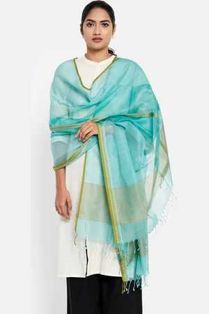 Fabindia Turquoise Blue & Green Printed Cotton Silk Dupatta