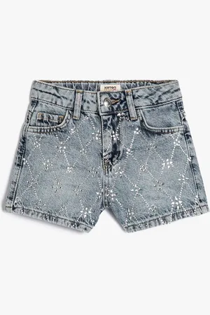 Koton Girls Washed Embellished Pure Cotton Denim Shorts