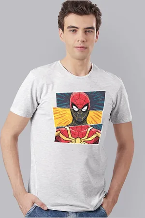 Free Authority Men Grey Melange & Red Spider-Man Printed Pure Cotton T-shirt