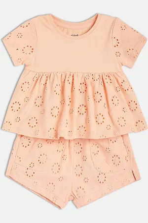 MINI KLUB Girls Self Design Round Neck Pure Cotton Top With Shorts