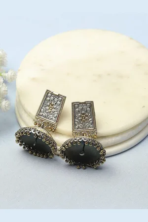 Biba Stone Studded & Beaded Dome Shaped Oxidised Jhumkas