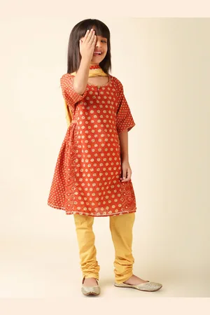 Fabindia Floral Printed Keyhole Nec kPure Cotton Kurta with Churidar & Dupatta