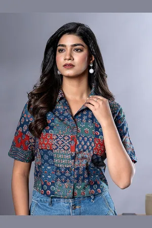 Corsica Printed Cotton Shirt Style Crop Top