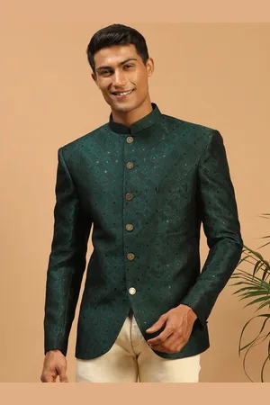 Vastramay Men Green Self Design Bandhgala Ethnic Blazer
