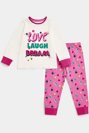 Mothercare Girls White & Pink Printed Pure Cotton T-shirt with Pyjamas
