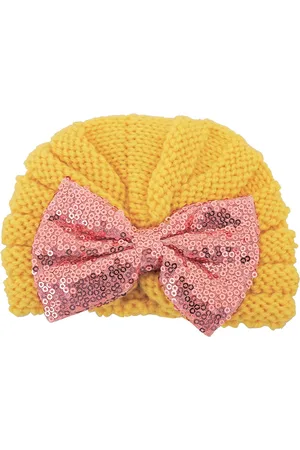 Baby Moo Girls Yellow & Pink Woolen Bow Turban Cap