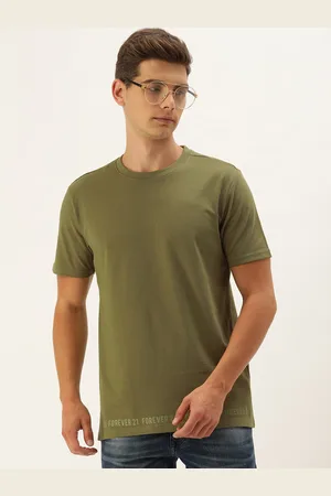Forever 21 Men Olive Green Solid Round Neck T-shirt with Logo Print Detailing