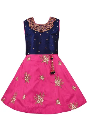 Wish Karo Girls Pink & Navy Blue Embellished Ready-To-Wear Lehenga Choli