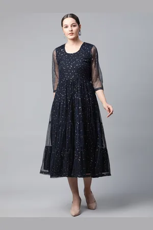 Ayaany Navy Blue Self Design Flared Tier Cotton Lined Net Midi Dress