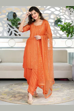 Ethnic Yard Women Orange & Gold-Toned Sequinned Semi-Stitched Dress Material