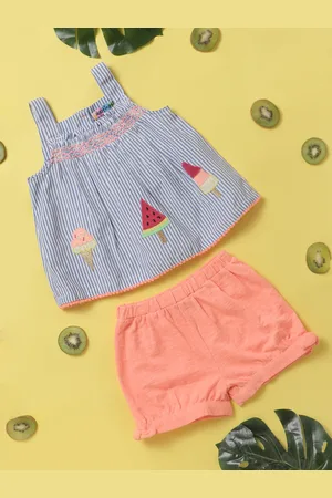 Nauti Nati Girls Blue & Peach-Coloured Striped Cotton Clothing Set