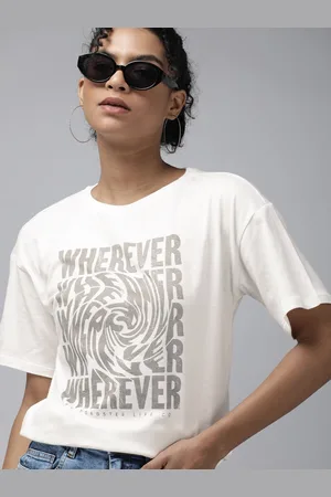 Roadster The Lifestyle Co Women White & Grey Printed Extended Sleeves Pure Cotton T-shirt