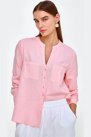 COVER STORY Women Mandarin Collar Solid Linen Blend Casual Shirt